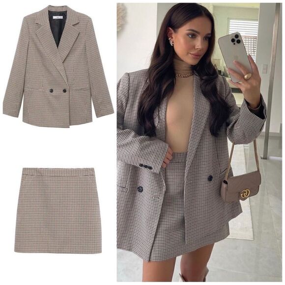 Mango Check Co-Ord Set Blazer Skirt - Picture 1 of 7